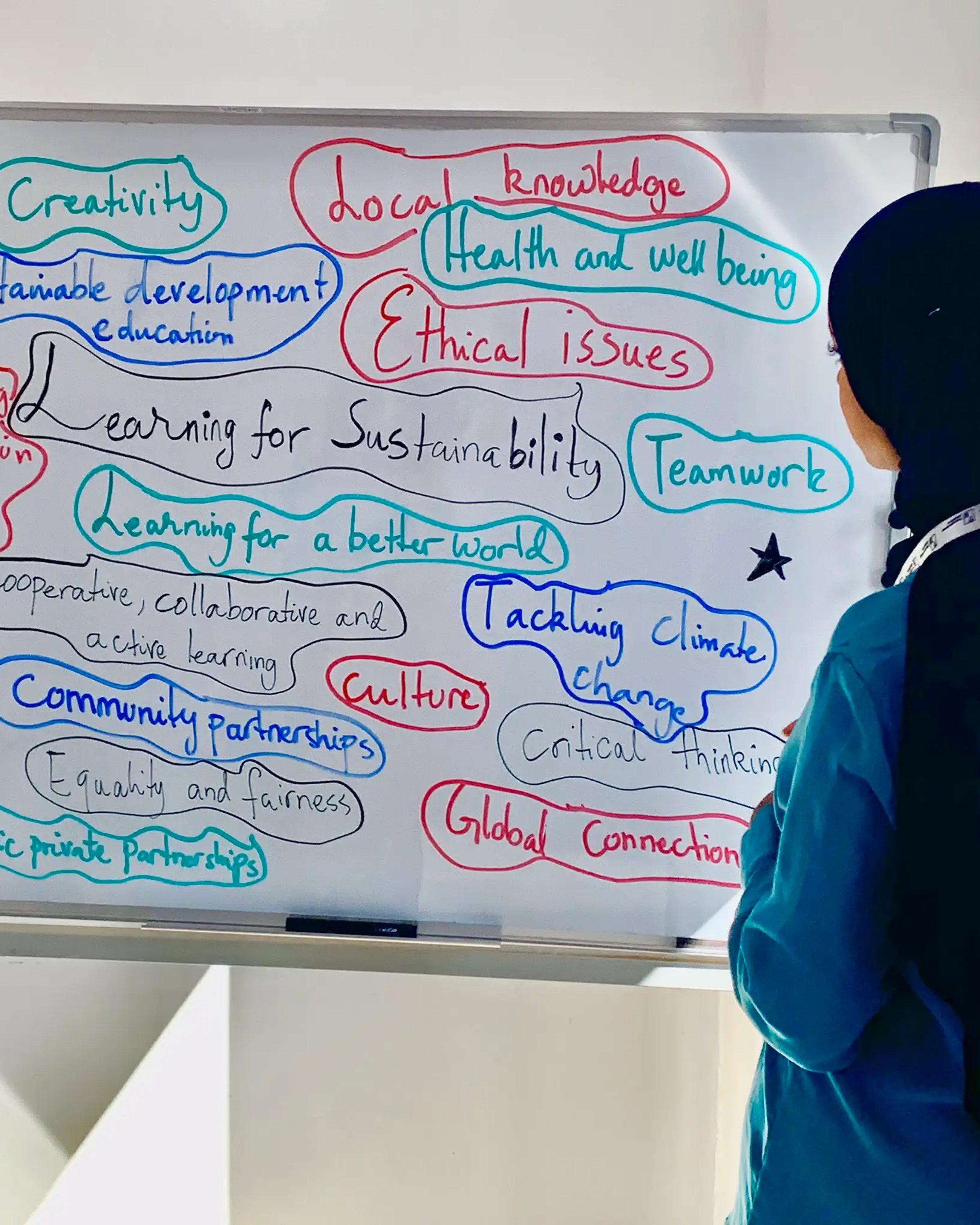 A photo of a TS staff member staring at a whiteboard